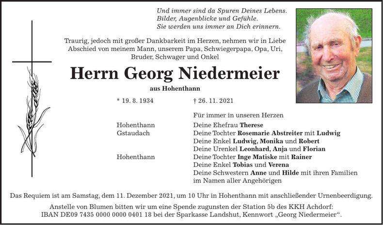 Traueranzeige Georg Niedermeier