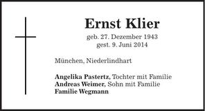 Traueranzeige Ernst Klier