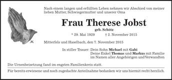 Traueranzeige Therese Jobst
