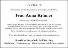 Traueranzeige Anna Krämer