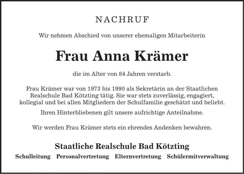 Traueranzeige Anna Krämer