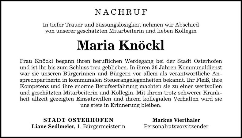 Traueranzeige Maria Knöckl