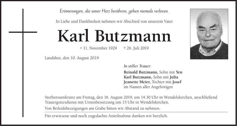 Traueranzeige Karl Butzmann