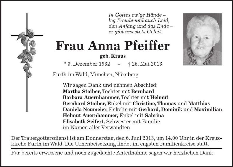 Traueranzeige Anna Pfeiffer
