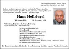 Traueranzeige Hans Hellriegel