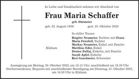 Traueranzeige Maria Schaffer