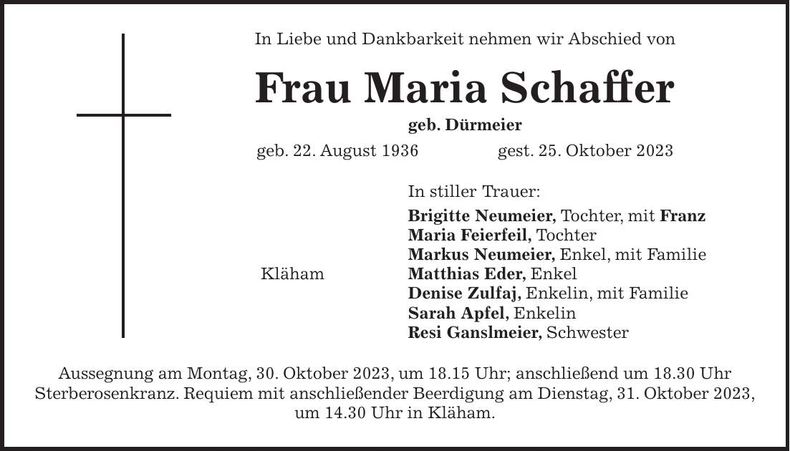 Traueranzeige Maria Schaffer