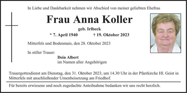 Traueranzeige Anna Koller