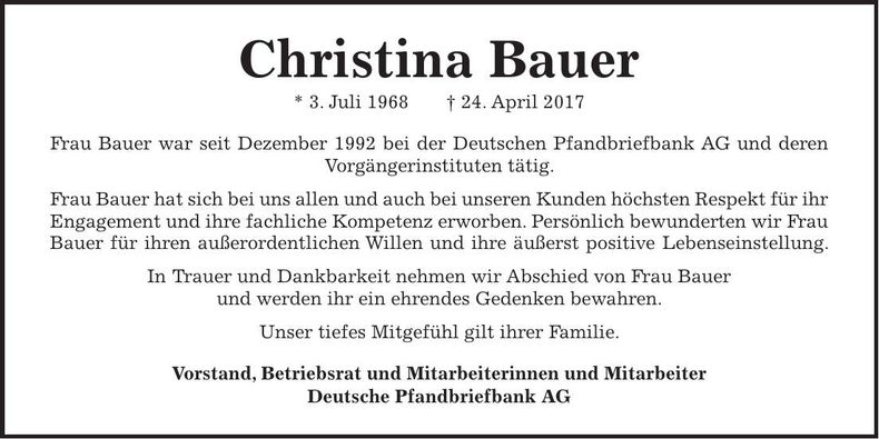 Traueranzeige Christina Bauer