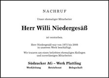 Traueranzeige Willi Niedergesäß