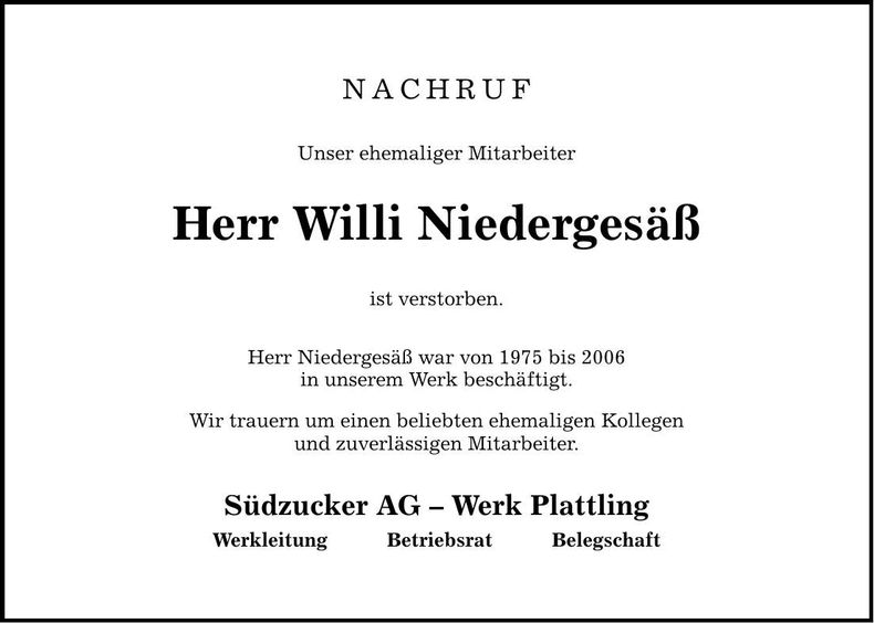 Traueranzeige Willi Niedergesäß