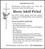 Traueranzeige Adolf Pickal