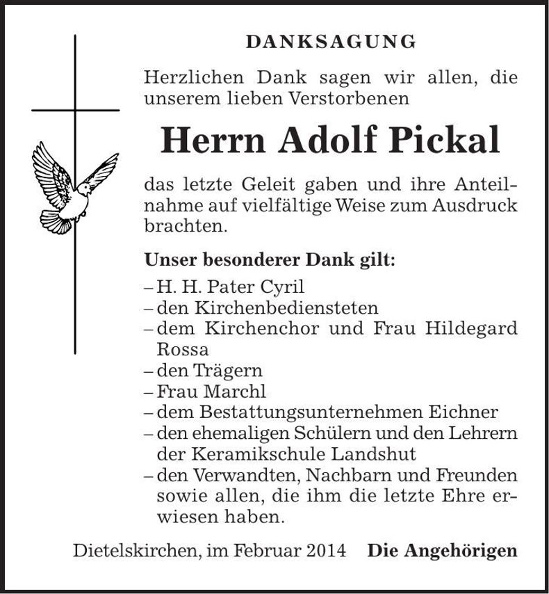 Traueranzeige Adolf Pickal