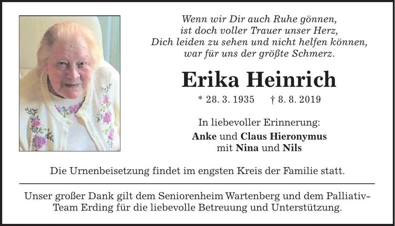 Traueranzeige Erika Heinrich