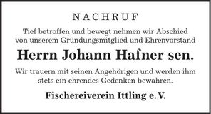 Traueranzeige Johann Hafner
