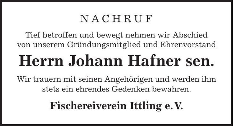 Traueranzeige Johann Hafner