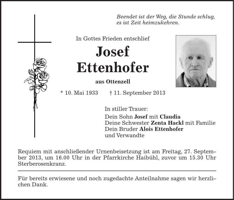 Traueranzeige Josef Ettenhofer