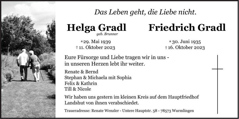Traueranzeige Helga, Friedrich Gradl