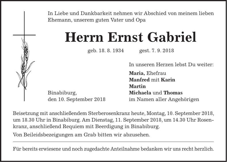 Traueranzeige Ernst Gabriel