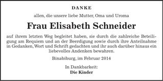 Traueranzeige Elisabeth Schneider