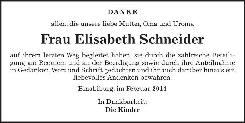 Traueranzeige Elisabeth Schneider