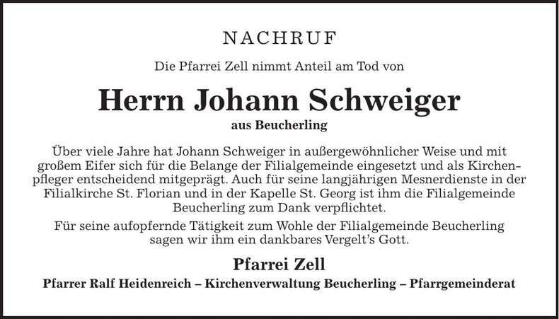 Traueranzeige Johann Schweiger
