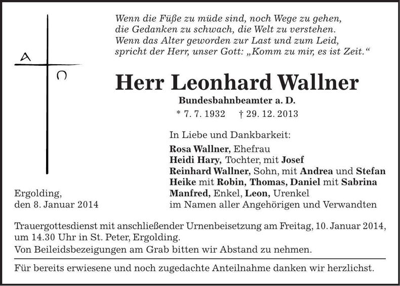 Traueranzeige Leonhard Wallner