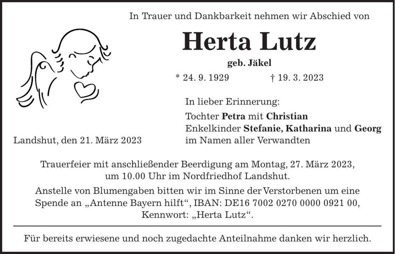 Traueranzeige Herta Lutz