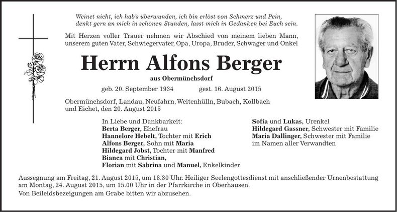 Traueranzeige Alfons Berger