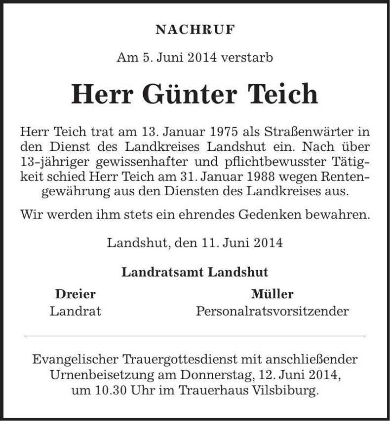 Traueranzeige Günter Teich