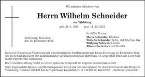 Traueranzeige Wilhelm Schneider