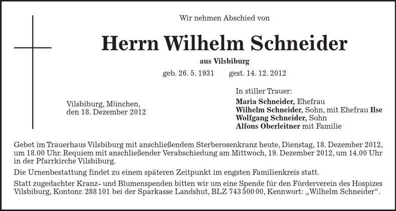 Traueranzeige Wilhelm Schneider