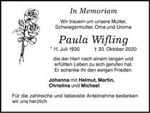 Traueranzeige Paula Wifling