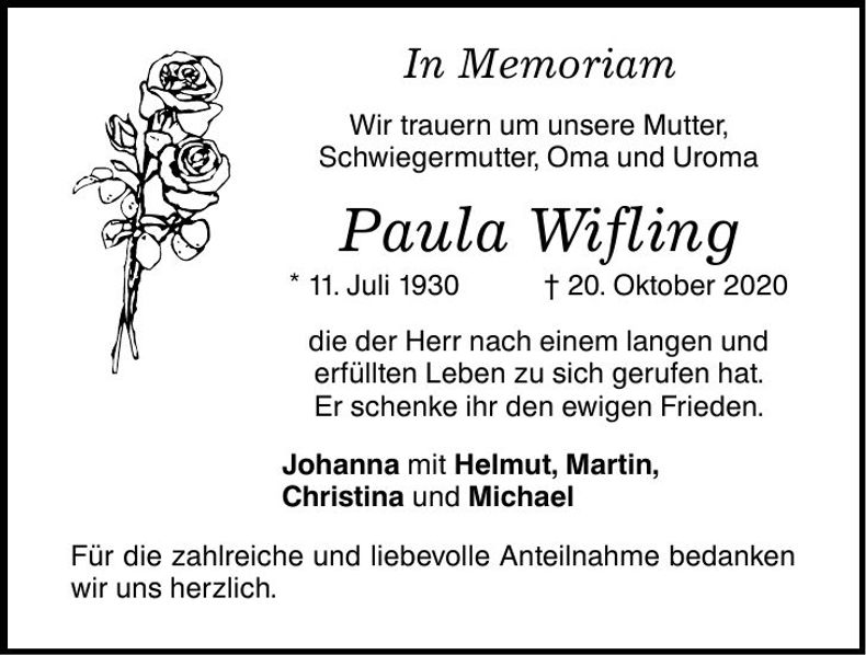 Traueranzeige Paula Wifling