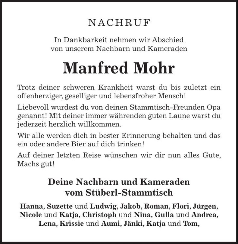 Traueranzeige Manfred Mohr