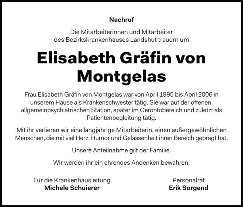 Traueranzeige Elisabeth Gräfin von Montgelas