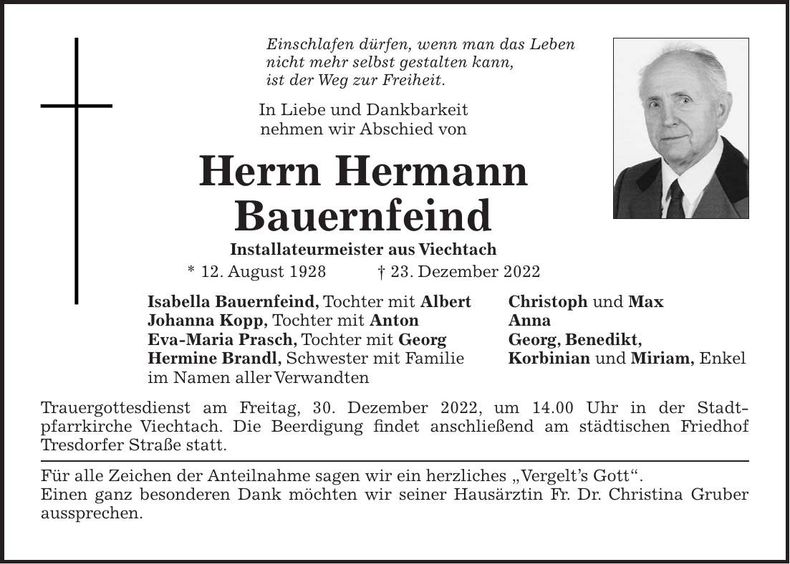 Traueranzeige Hermann Bauernfeind