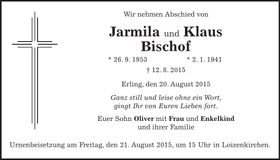 Traueranzeige Jarmila, Klaus Bischof