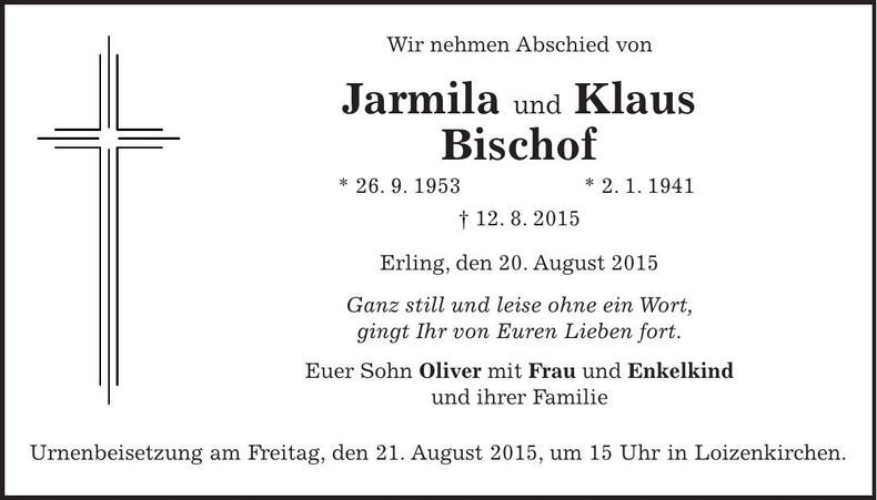 Traueranzeige Jarmila, Klaus Bischof