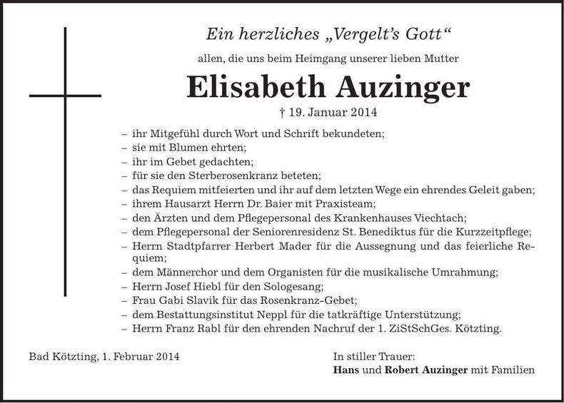 Traueranzeige Elisabeth Auzinger