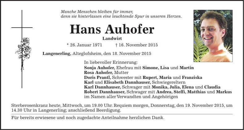 Traueranzeige Hans Auhofer