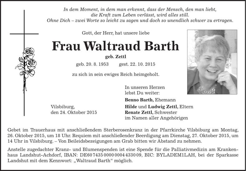 Traueranzeige Waltraud Barth