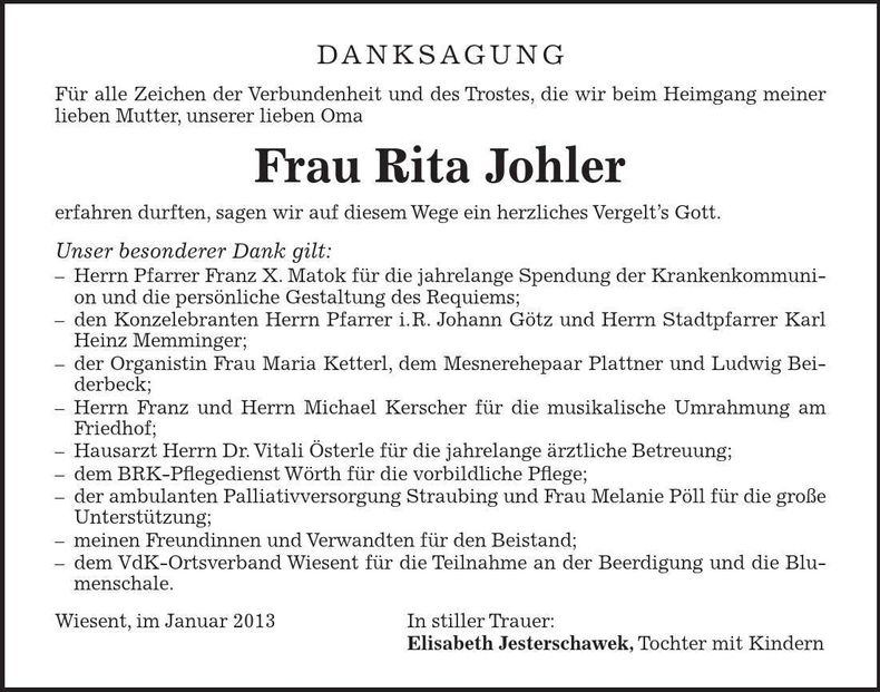 Traueranzeige Rita Johler