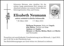 Traueranzeige Elisabeth Neumann