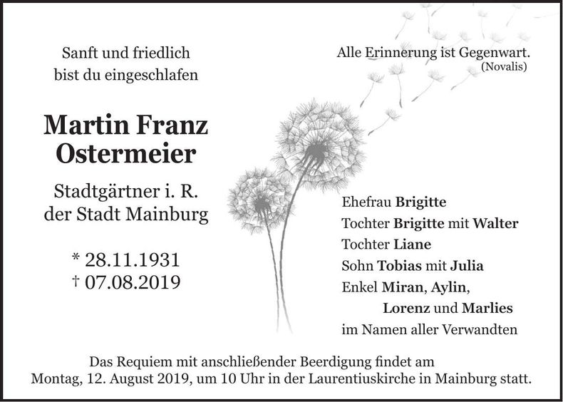 Traueranzeige Martin Franz Ostermeier
