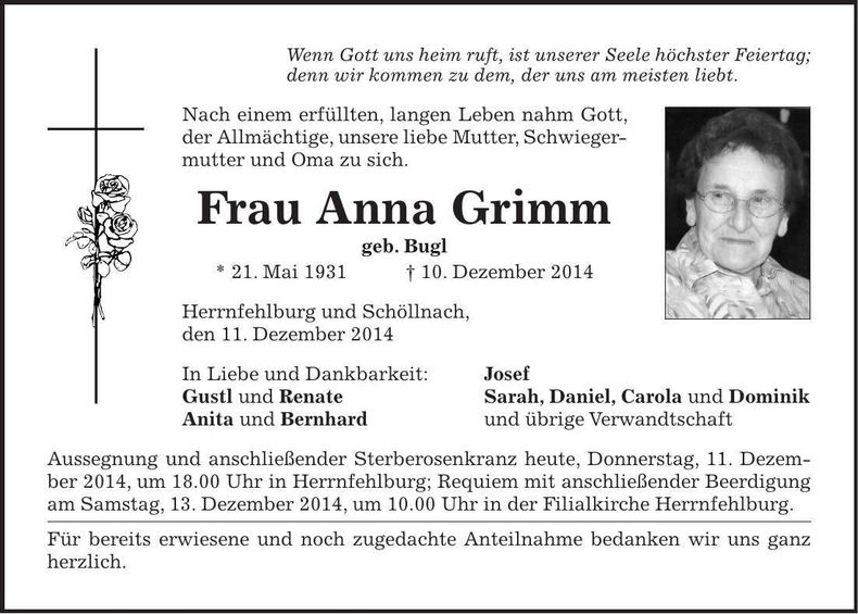 Traueranzeige Anna Grimm