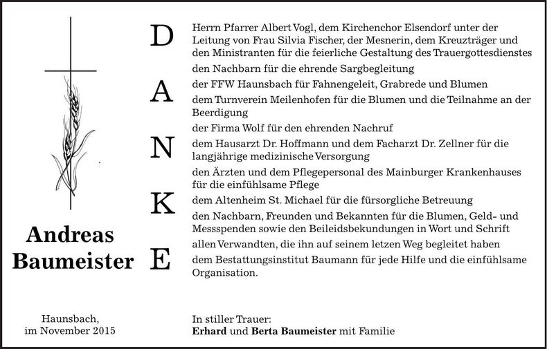 Traueranzeige Andreas Baumeister