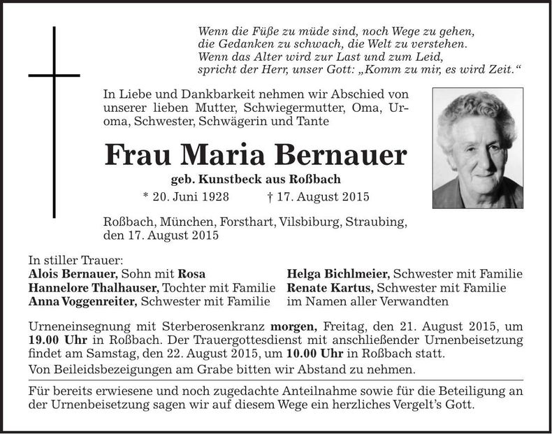 Traueranzeige Maria Bernauer
