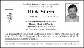 Traueranzeige Hilde Sturm