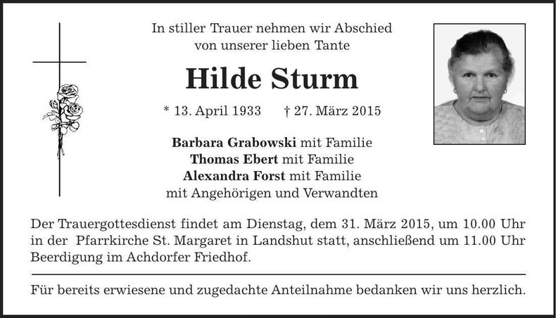 Traueranzeige Hilde Sturm